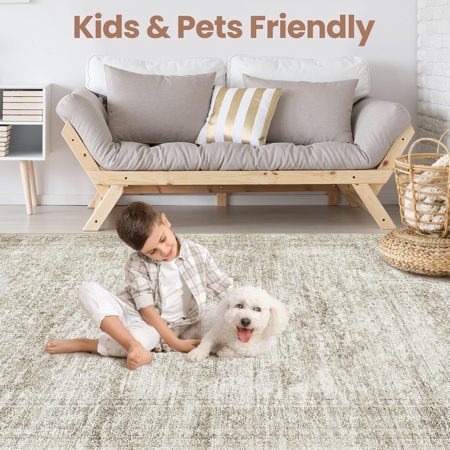 Washable Area Rugs for Living Room -10x12 Neutral Vintage Distressed Floral Farmhouse Boho Large Soft Floor Rug Indoor Non Slip Carpet for Living Room Bedroom Dining Room Office - Beige