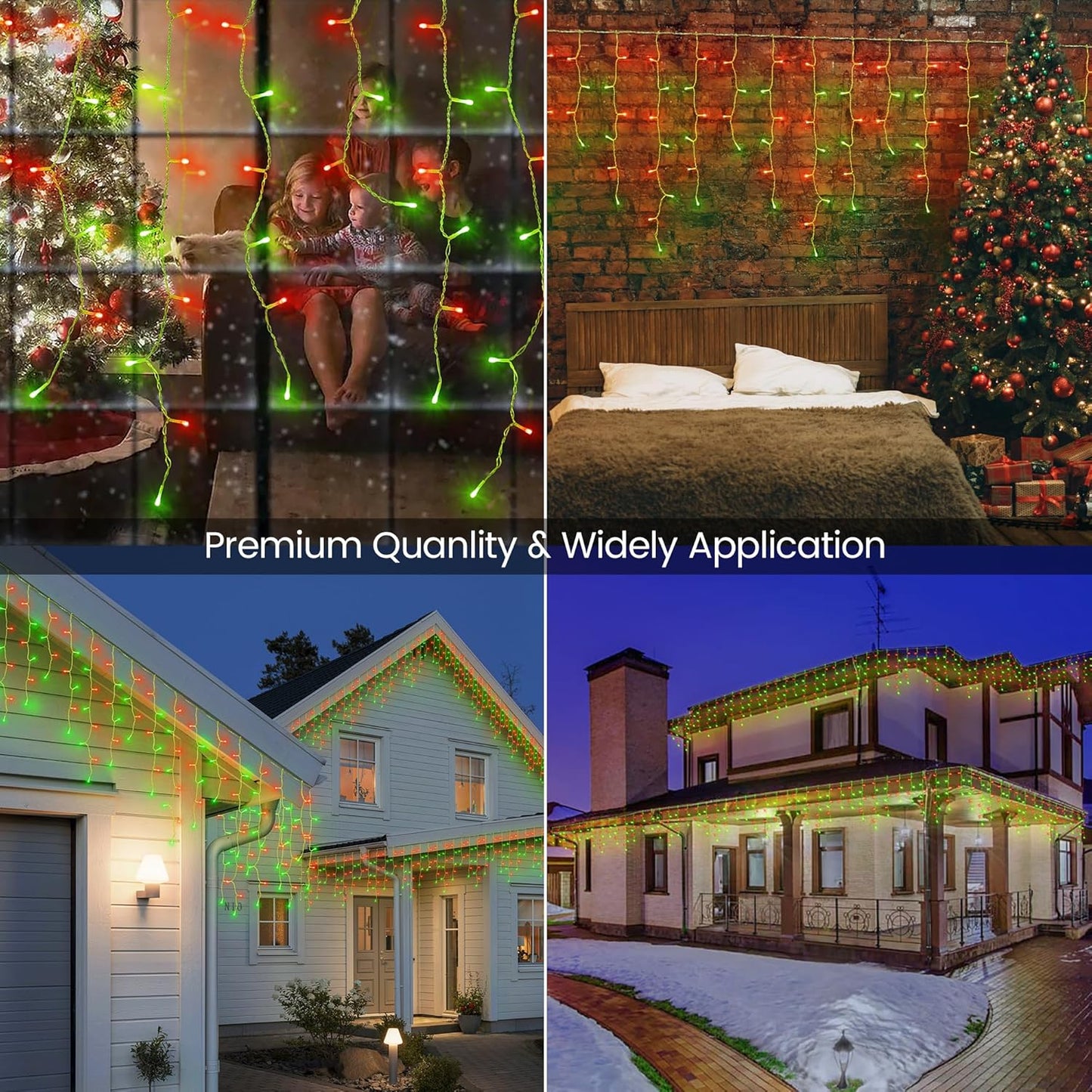 Hopolon 33FT 360L LED Christmas Icicle Lights Outdoor Waterproof,8 Modes Plug in Curtain String Lights with 60 Drops,Christmas Lights for Wedding,Party,Bedroom,Garden,Home,Wall Decorations(Red Green)