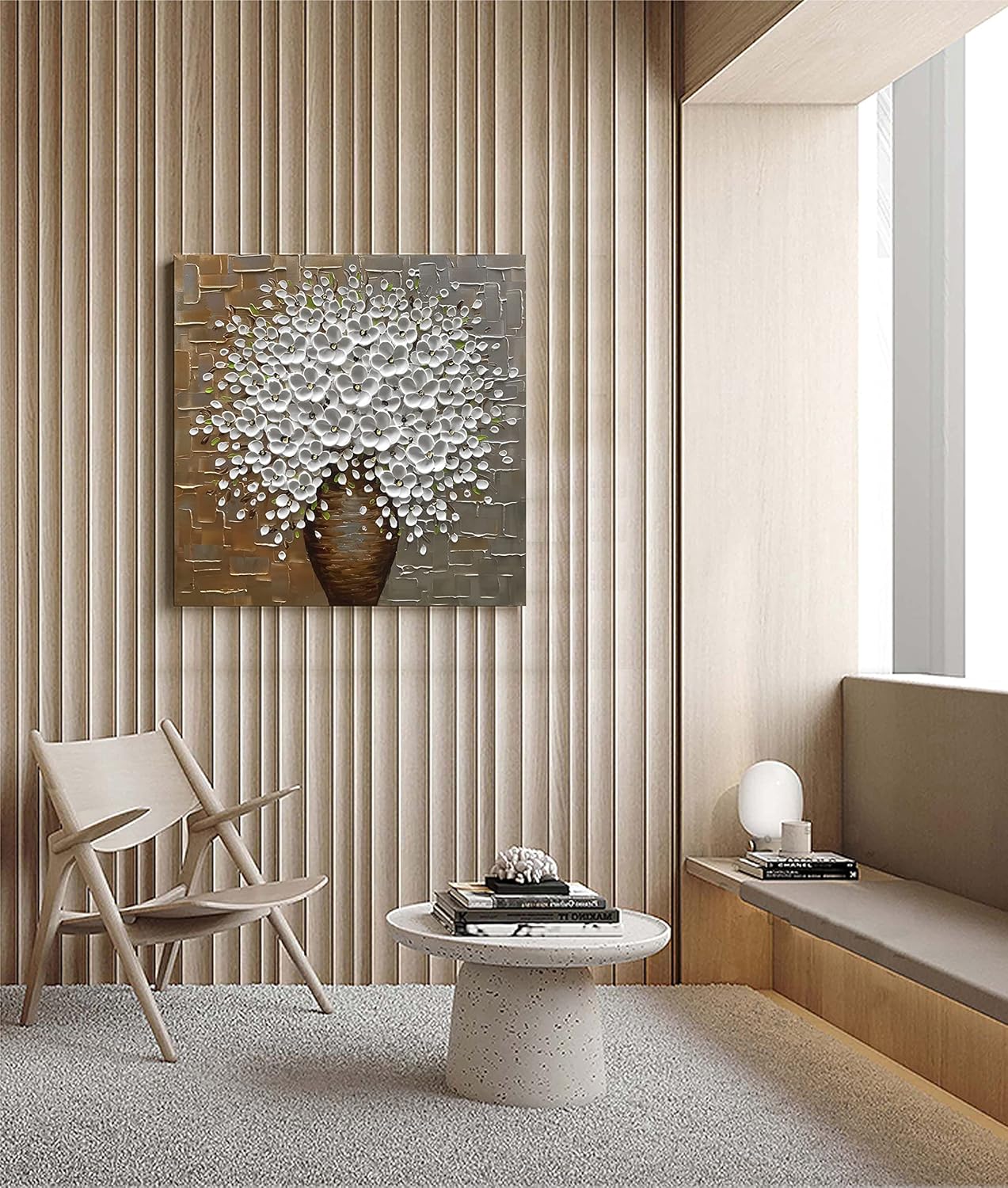 Epicler Hand Painted 3D Oil Painting on Canvas 24x24 inch White Flower Art,Morden Canvas Wall Paintings, Metal Textured Gold and Silver Background White Flower Artwork