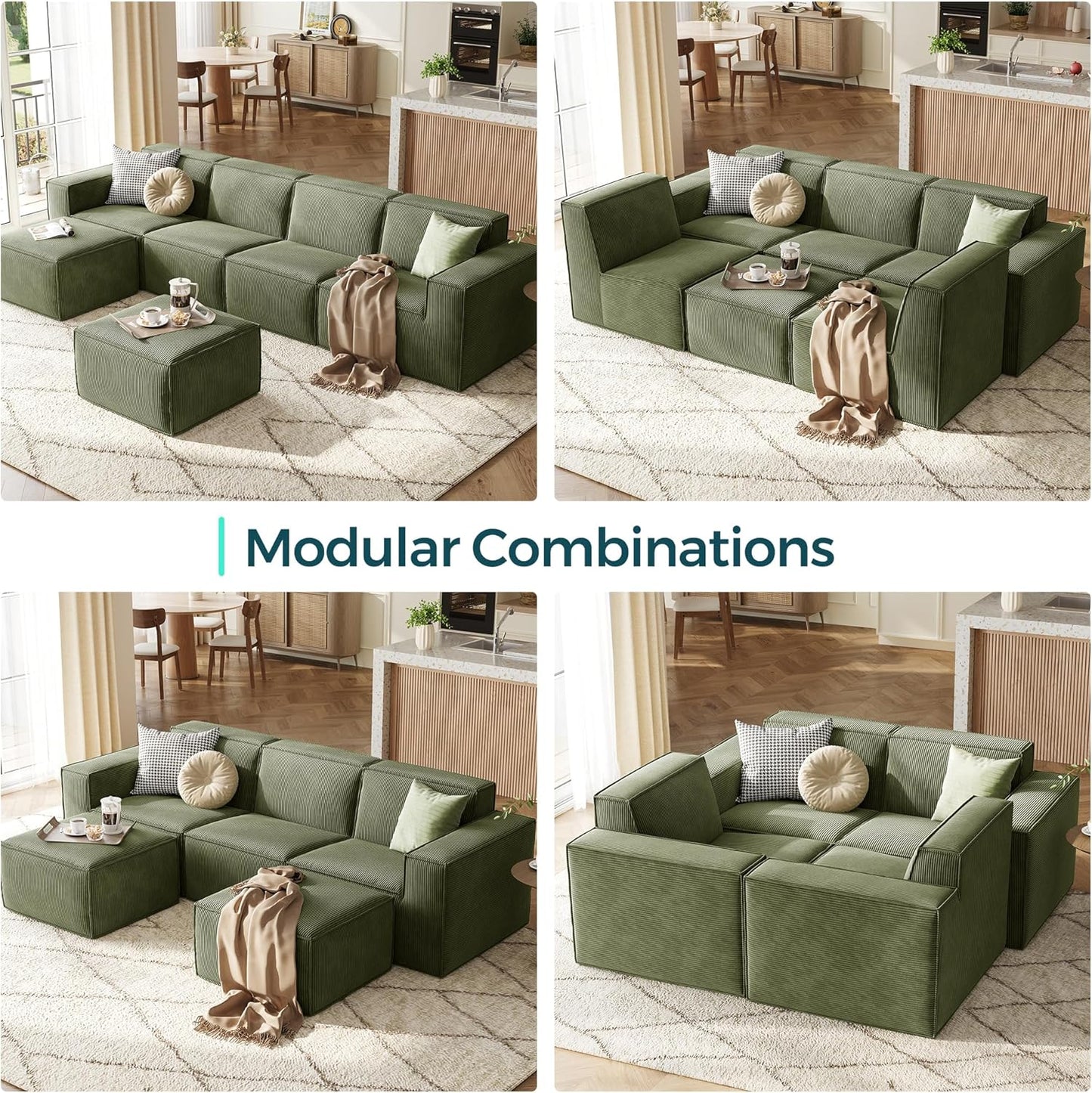LINSY HOME Modular Sectional Sofa, 105" Boneless Couch U Shaped 3-Seat Sofa with 2 Ottomans, Corduroy Sectional Cloud Couches for Living Room, No Assembly Required, Green