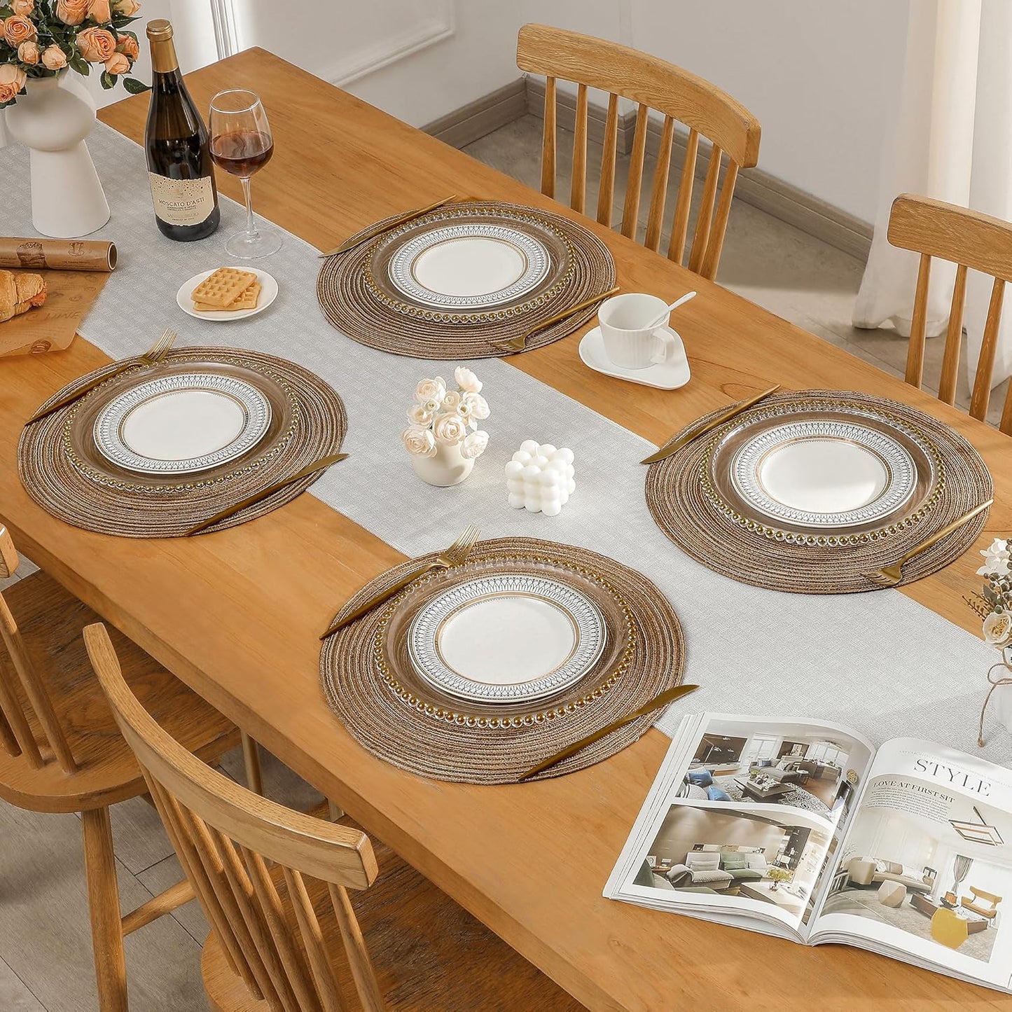 Leetaltree Round Placemats Heat and Slip Resistant Cotton Table Mats, Washable Bohemian Placemats for Dining Tables (Brown, Set of 12)
