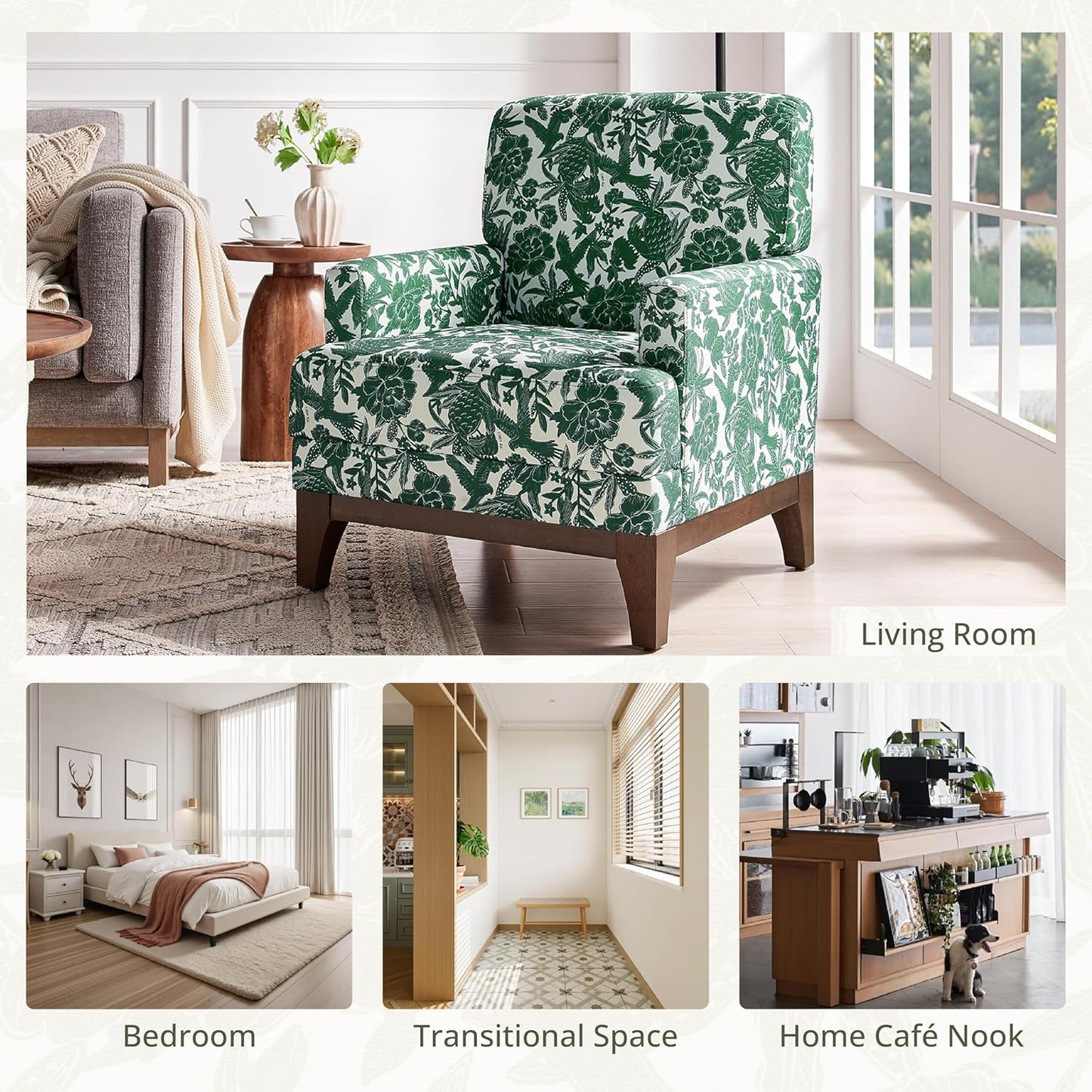 Floral Accent Armchair, Retro Wingback Upholstered Armchair with Wide Dipped Back Design and Wooden Legs, High Back Armchair, Leisure Single Sofa Chair for Living Room, Bedroom, Balcony, Green