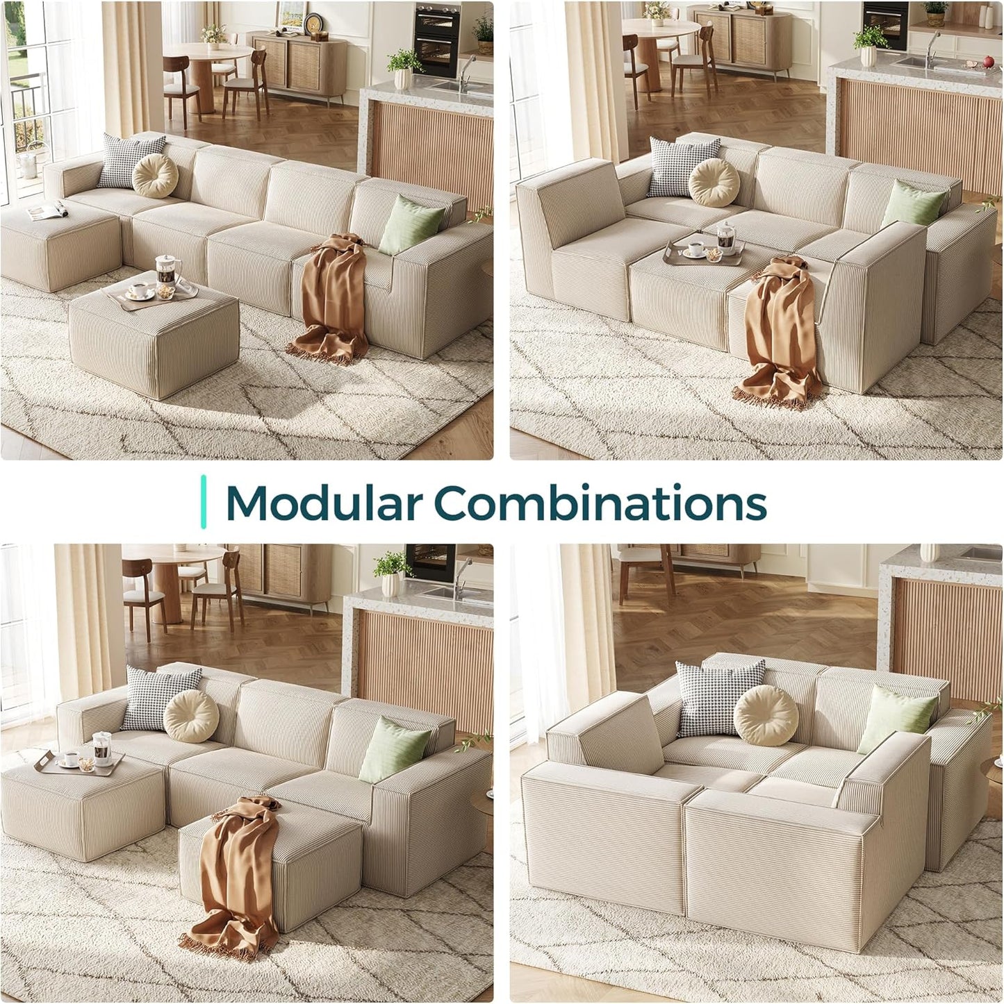 LINSY HOME Oversized Modular Sectional Sofa, 105" Cloud Couch L Shaped 3-Seat Sofa with 2 Movable Ottomans, Corduroy Sectional Couches for Living Room, No Assembly Required, Beige