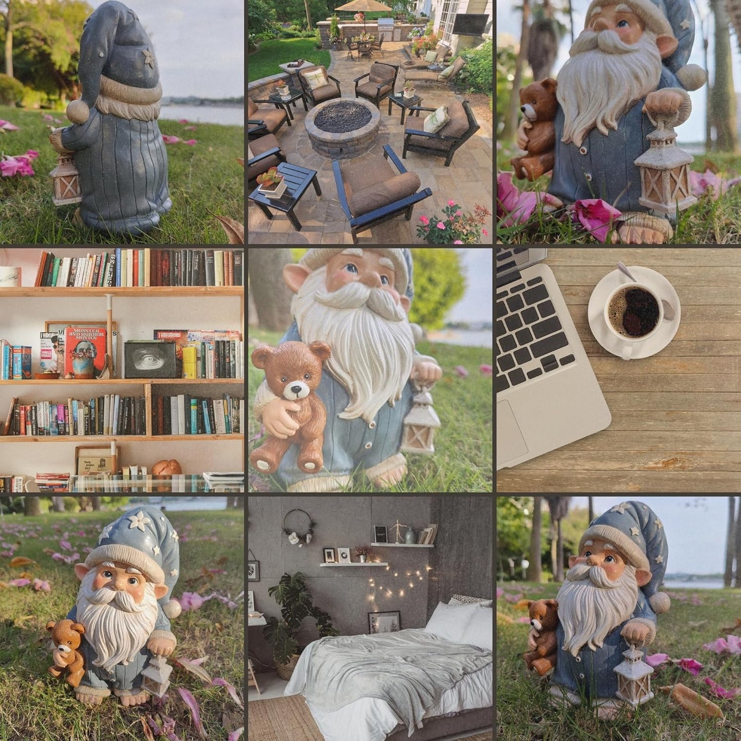 Sleepy Garden Gnome with Teddy Bear & Lantern - 9" Weatherproof Resin Statue - Indoor Outdoor Decor - Whimsical for Home, Patio & Lawn