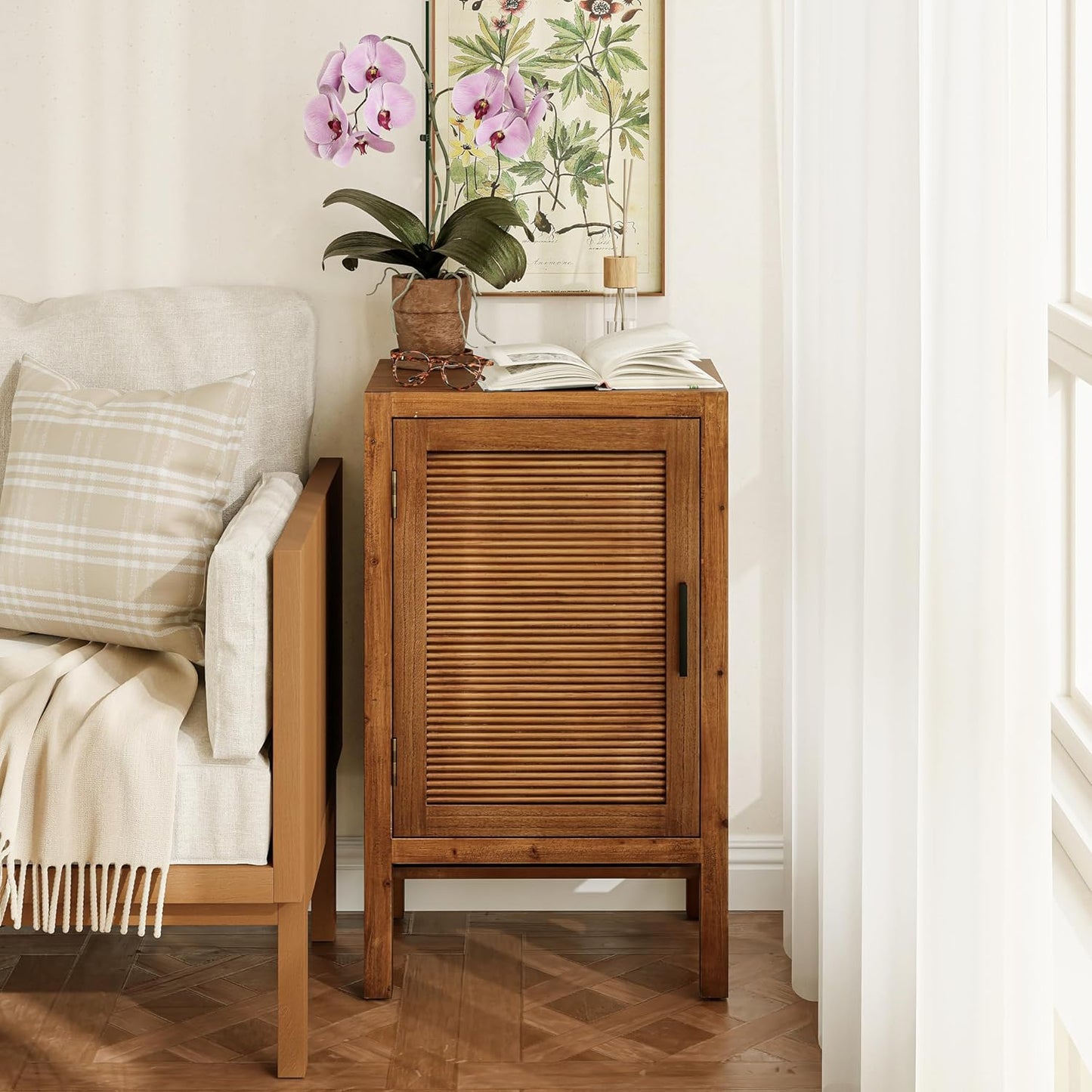 1 Door Farmhouse Nightstand, Rustic Slat Door Cabinet with 2 Shelves, Accent End Table with Storage for Bedroom, Brown