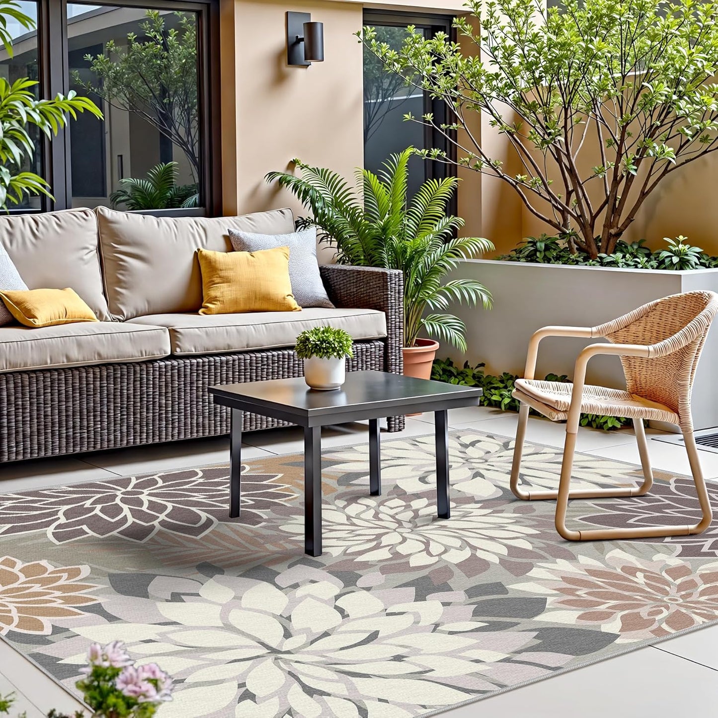 Indoor Outdoor Area Rug Washable Multicolored Patio Rug Tropical Botanical Modern Floral Indoor Outdoor Carpet Brown White Rug Non Slip Non Shedding for Patio, Deck, Backyard, Porch (5x8)
