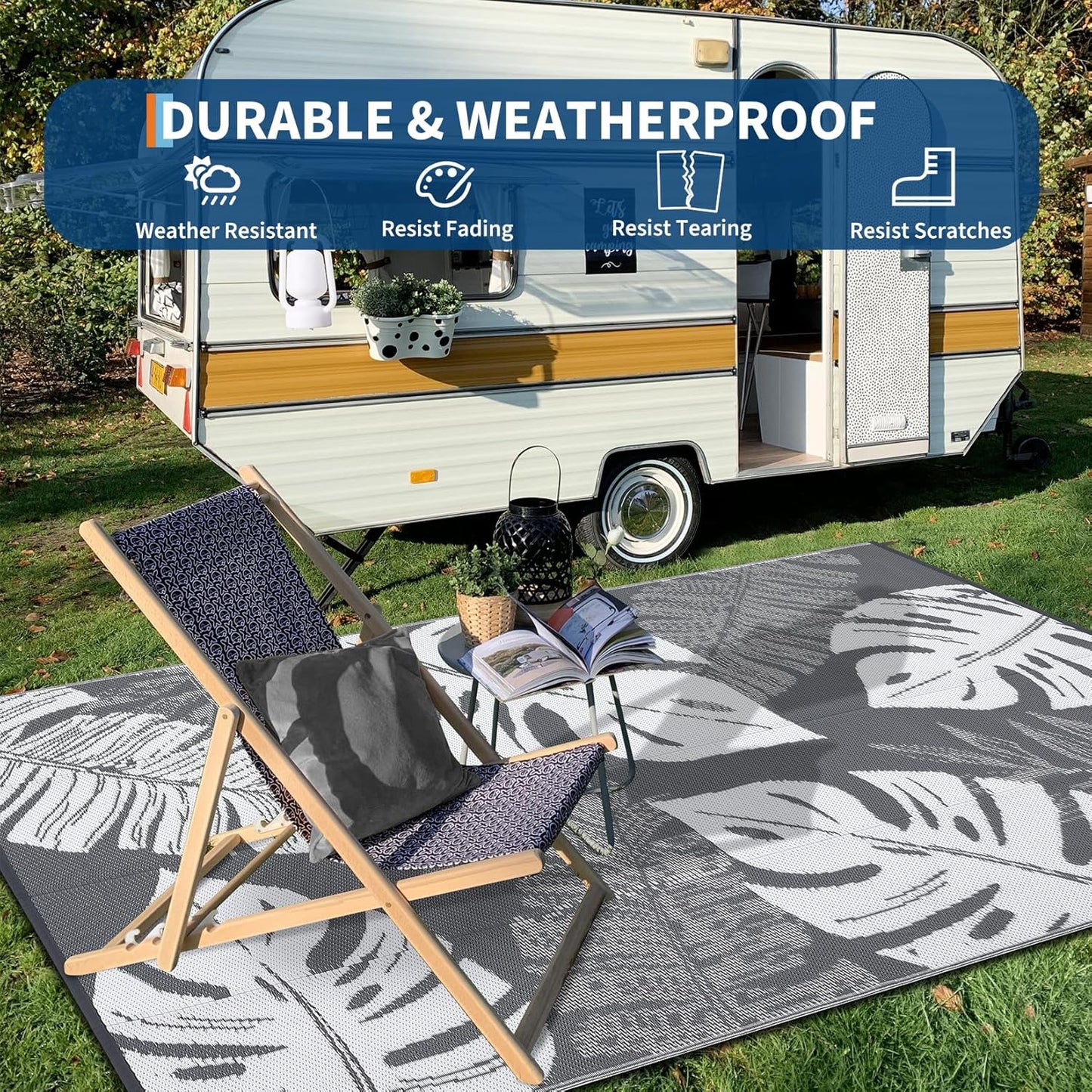 GAOMON Outdoor Rug 9x18 Waterproof Patio Rugs Reversible Outdoor Plastic Straw Rug Camping Mat, Foldable Portable RV Picnic Carpet with Bag & 4 Stakes, UV Resistant Carpet for Deck Balcony, Grey