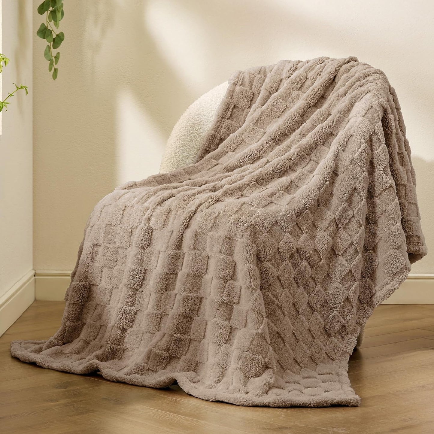 Bedsure GentleSoft Light Taupe Throw Blanket for Couch - Checkered Fleece Blankets Gifts for Women Men Girls, Cute Soft Cozy Throw for Bedroom Home Decor Gifts, 50x60 Inches