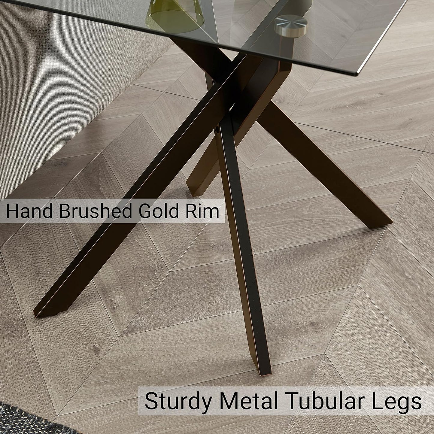 Modern Style Square Side Table with Grey Tempered Glass Top and Black Metal Tubular Legs with Gold Rim 20”Dx20”Wx22”H