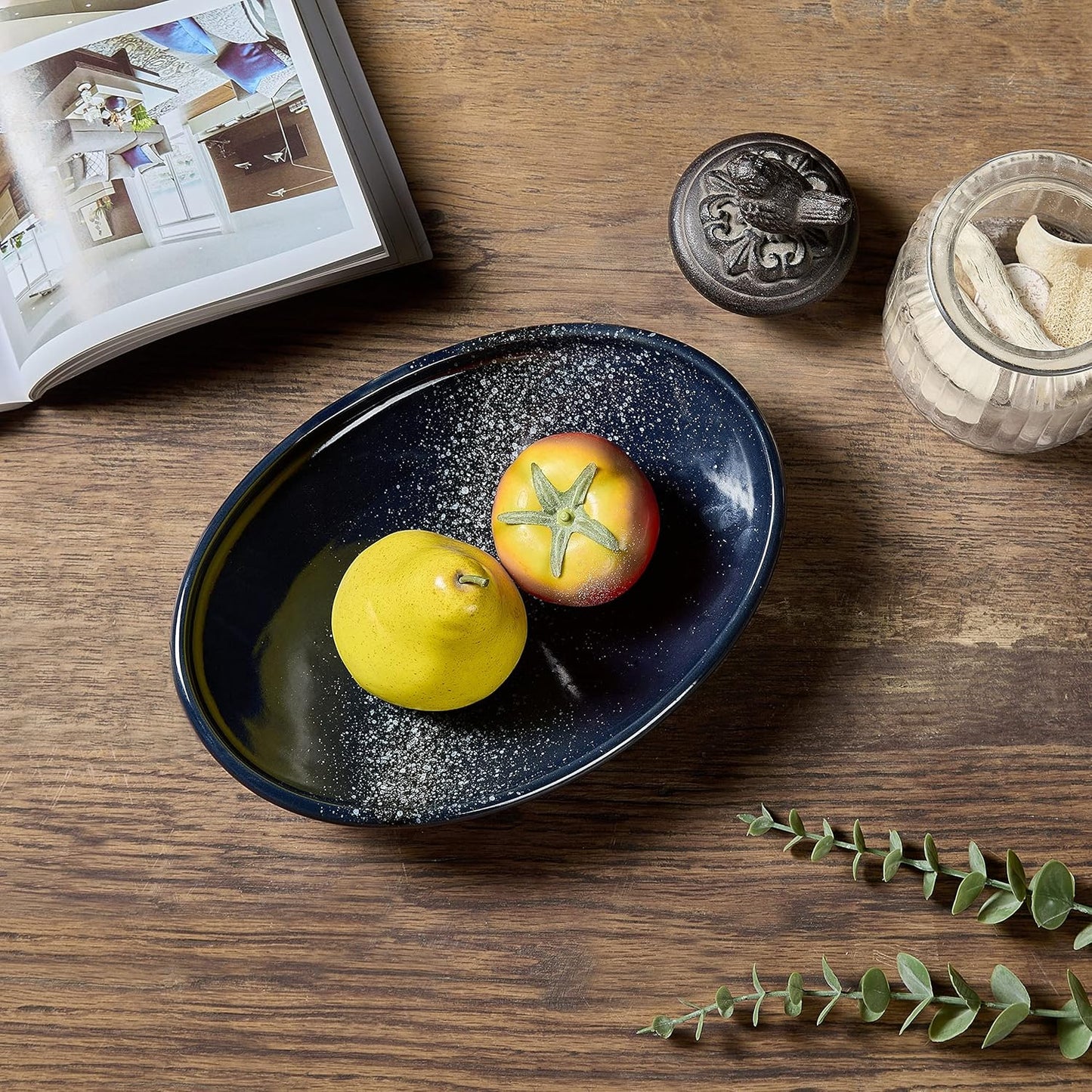 Oval Ceramic Decorative Bowl, Key Dish for Entryway Table, Small Home Decor Accent, Trinket Tray for Office Home Decor Gift (10'' Starrysky Blue with Glaze Layer)