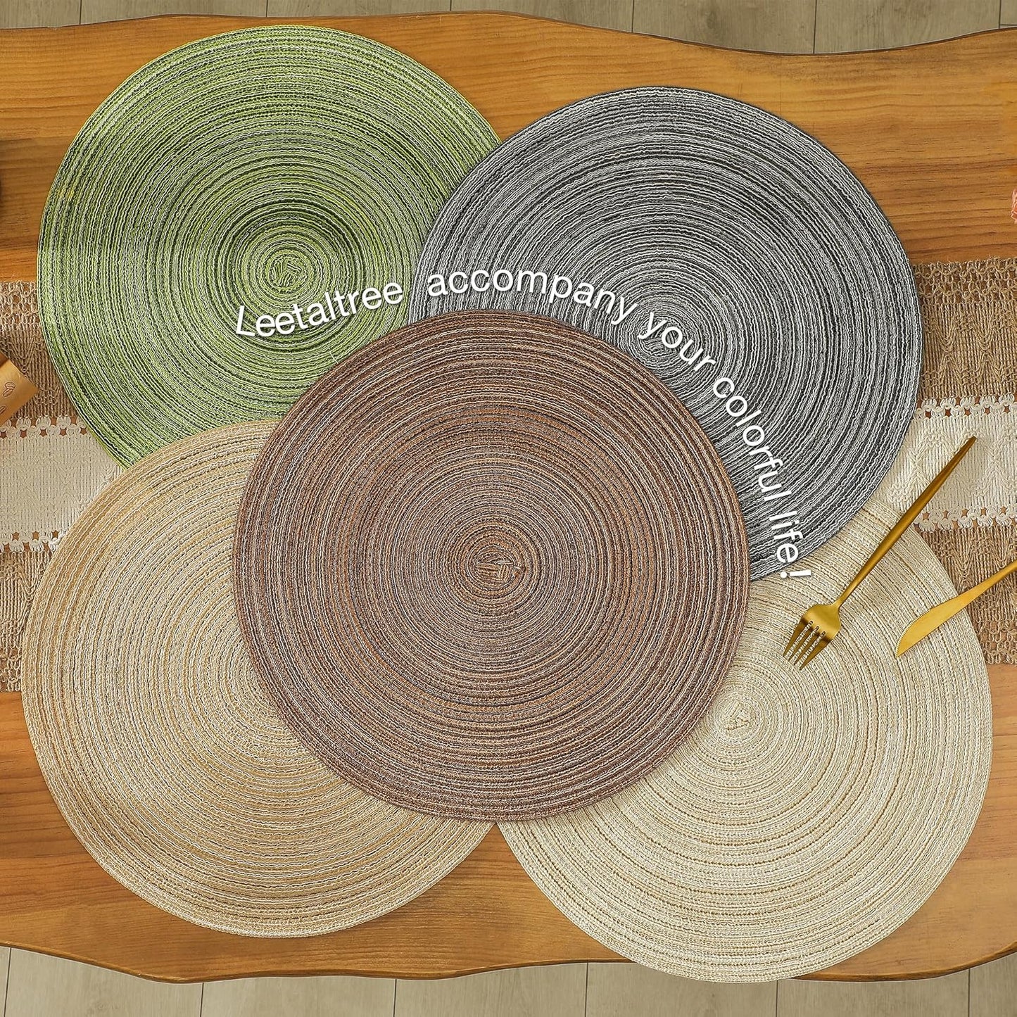 Leetaltree Round Placemats Heat and Slip Resistant Cotton Table Mats, Washable Bohemian Placemats for Dining Tables (Sage Green, Set of 4)