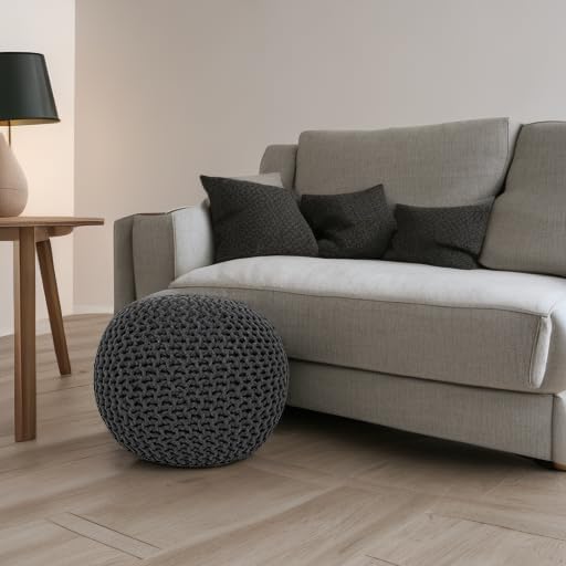 REDEARTH Round Pouf Foot Stool Ottoman - Cotton Hand Knitted Dori Pouffe - Cord Boho Home Décor - Stuffed Cable Poof for Living Room - Bedroom (19.5"x19.5"x14") - Dark Gray