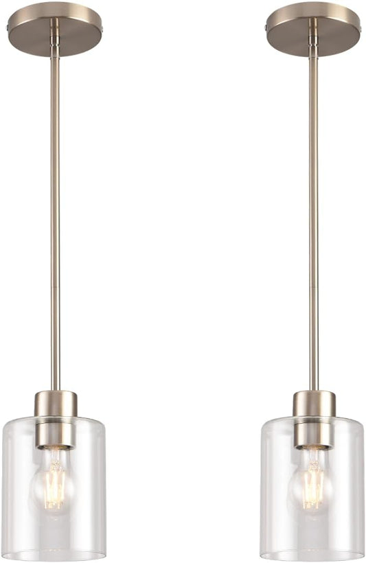 Brushed Nickel Pendant Lights,Modern Farmhouse Pendant Light,Light Fixture Kitchen Pendant Mini Hanging Light for Sink Island,Adjustable Height,Home Décor Lighting (Brushed Nickel 2 pack Stem Rod)