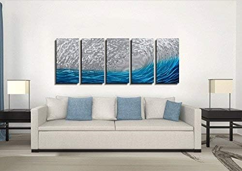 Yihui Arts Metal Wall Art - Silver Sea Waves 3D Sculpture, 5 Piece Hand Crafted Aluminum Coastal Artwork for Large Abstract Living Room, Bedroom, Bathroom Decor - Blue