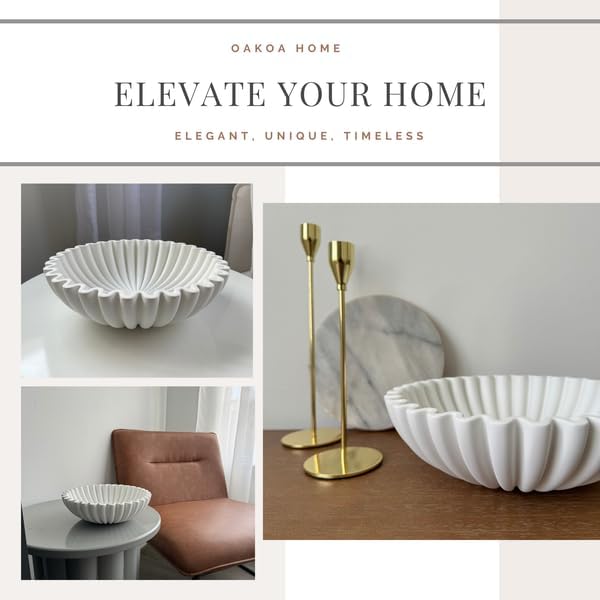 OAKOA Concrete Decorative Bowl - White Large Decorative Bowls for Home Decor - Coffee Table Bowl Decor - Scalloped Ruffle Centerpiece Bowl