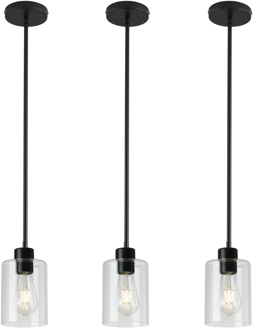 Black Pendant Lights Kitchen Island - Clear Glass Pendant Light Fixture Multiple Stems Rods 3 Units 12 Inch 3 Units 4 Inch (Black 3 Pack Stem Rod)