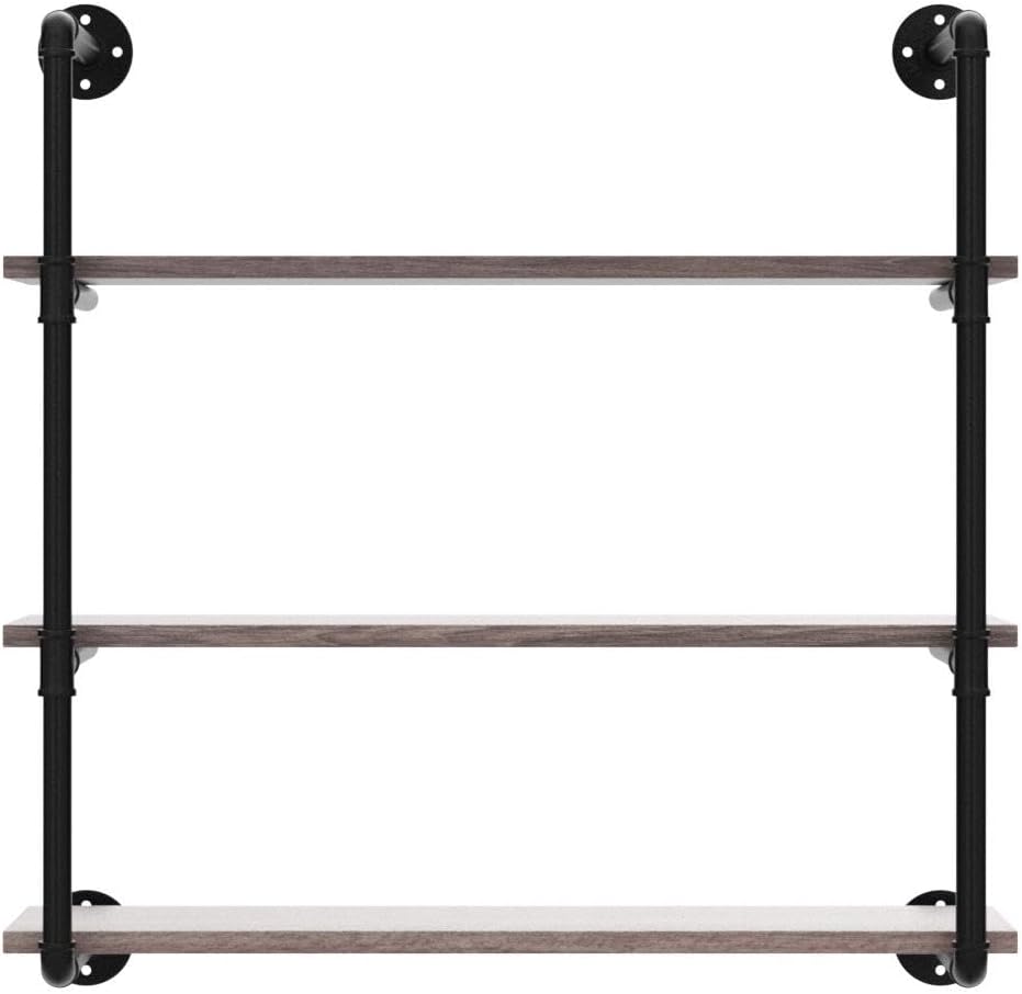 Industrial Pipe Shelving Wall Mounted,36in Rustic Metal Floating Shelves,Steampunk Real Wood Book Shelves,Wall Shelf Unit Bookshelf Hanging Wall Shelves,Farmhouse Kitchen Bar Shelving(3 Tier)
