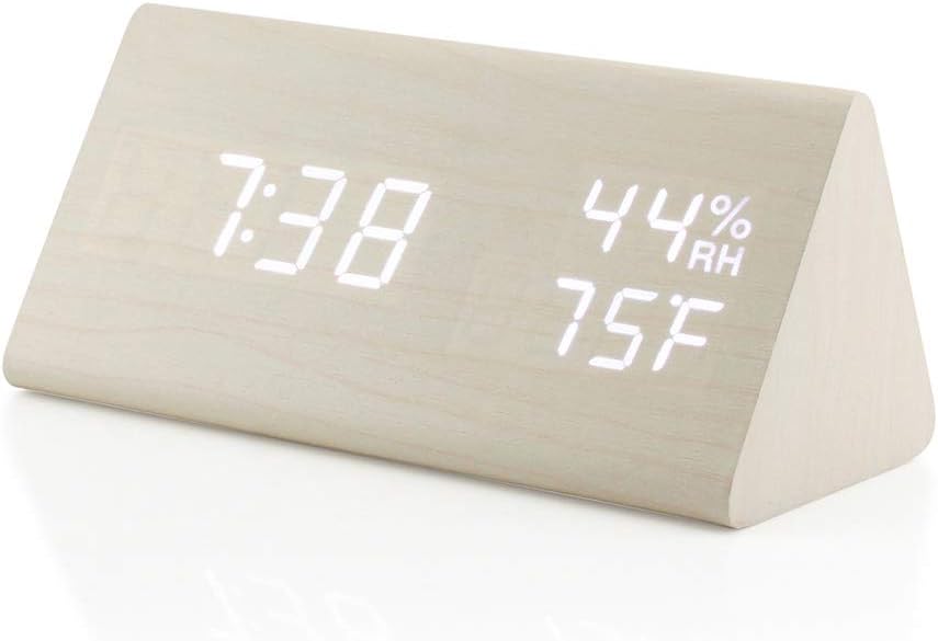 OCT17 Wooden Alarm Clock, Wood Alarm Clock Smart LED Digital Clock for Bedroom/desks, Upgraded with Time Temperature, Adjustable Brightness and Voice Control, Humidity Displaying - White