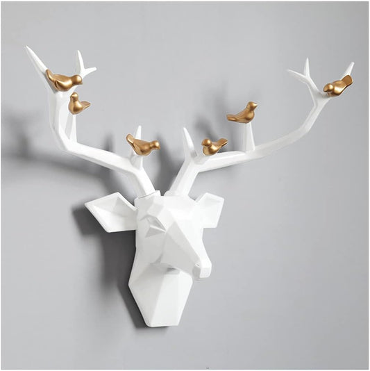 Deer Head Wall Decor Geometric Rustic Wall Mounted Deer Head, Faux Taxidermy Animal Head Wall Art Pendant, Handmade Resin Head Sculptures for Porch, Detachable Antlers, 6 Styles(White,21.8x15.7IN)
