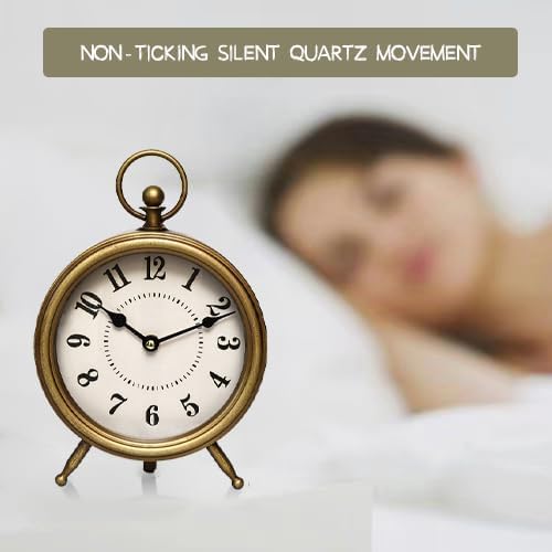 Vintage Table Clock on Stand, Decorative Desk and Shelf Clock Farmhouse Mantel Non-Ticking Clock Rustic Metal Frame with Antique Gold Finish