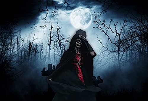 AOFOTO 5x3ft Moon Night Halloween Cemetery Photography Backdrop Flying Bats Birds Stand on Gravestone Cross Graveyard in Dark Forest Photo Background Cloth Vinyl Wallpaper Photo Studio Props