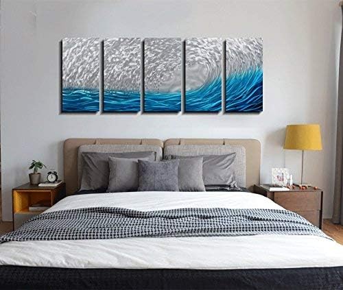 Yihui Arts Metal Wall Art - Silver Sea Waves 3D Sculpture, 5 Piece Hand Crafted Aluminum Coastal Artwork for Large Abstract Living Room, Bedroom, Bathroom Decor - Blue