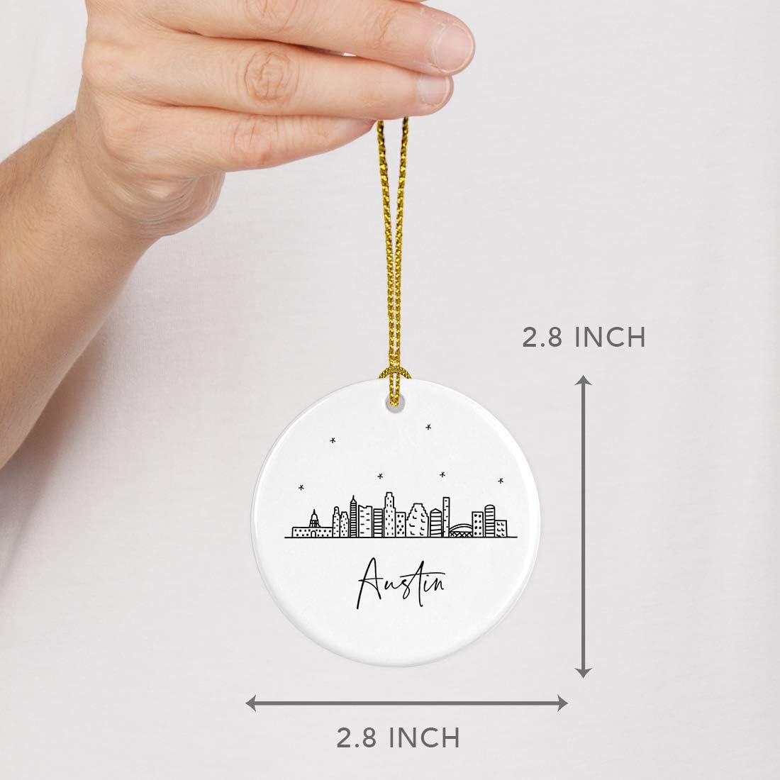 Andaz Press Round Ceramic Porcelain Christmas Tree Ornament Keepsake, Austin Black and White Stars City Skyline Graphic, 1-Pack, Birthday Gift Idea for Family Coworker Him Her, Includes Gift Box
