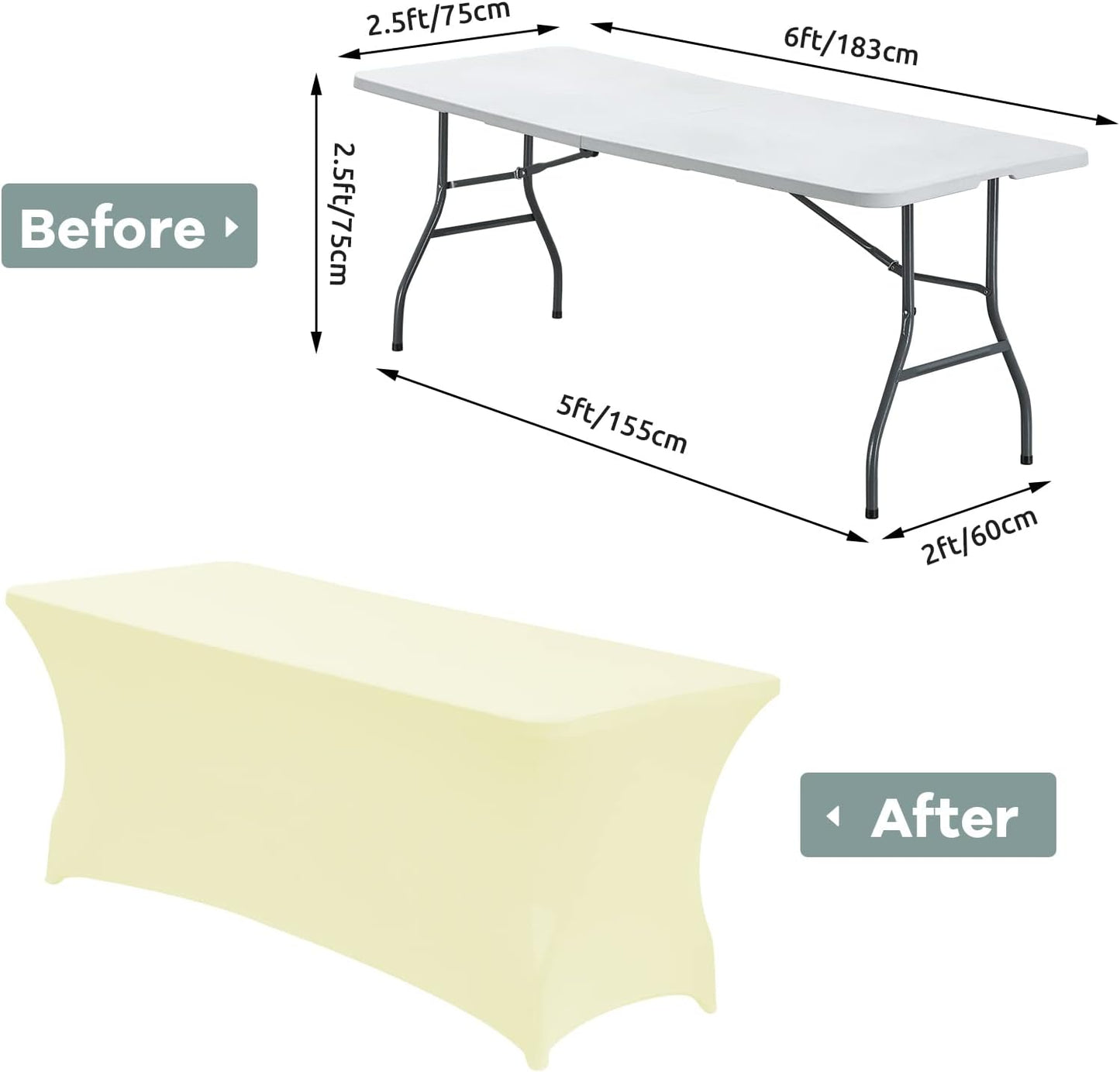 CWK 6FT Waterproof Stretch Spandex Table Cover for Rectangular Tables - Elastic Fitted Tablecloth for Folding Tables,Wrinkle Resistant Table Cloth for Parties, Weddings, Banquets & Events (Beige)