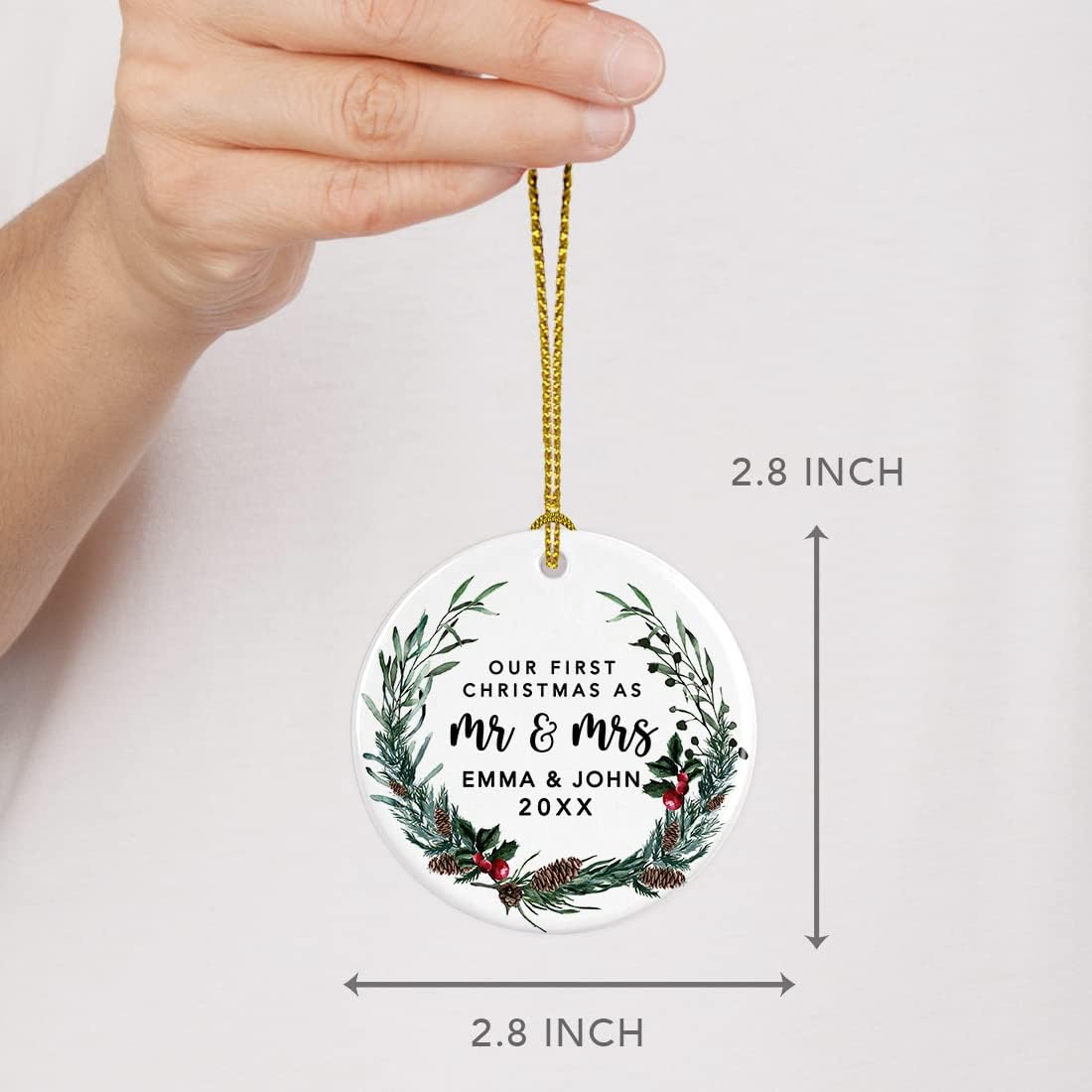 Andaz Press Personalized Our First Christmas As Mr. & Mrs. 2024 Christmas Ornaments Holly & Pinecone Wreath 2.8" Round Porcelain Ceramic 1St Year Married Custom First Christmas Married Ornament 1-Pack