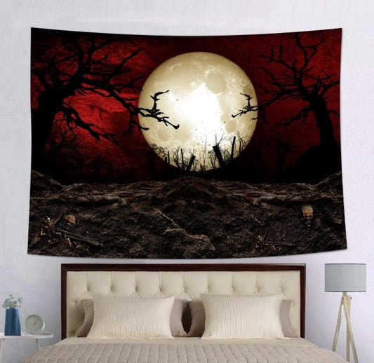 SHRAPHY Moon Tapestry 60x50 Inches Scary Graveyard Tapestry Halloween Scarlet Sky Tapestry for Bedroom Home Decoration GTLSUH1206