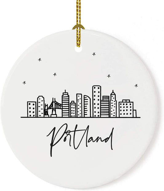 Andaz Press Round Ceramic Porcelain Christmas Tree Ornament Keepsake, Portland Black and White Stars City Skyline Graphic, 1-Pack, Birthday Gift Idea for Family, Coworker Him Her, Includes Gift Box
