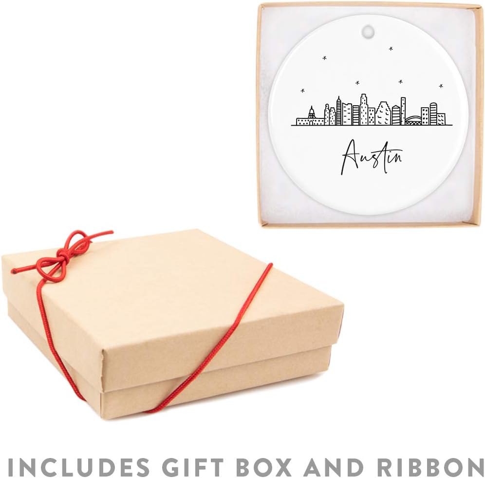 Andaz Press Round Ceramic Porcelain Christmas Tree Ornament Keepsake, Austin Black and White Stars City Skyline Graphic, 1-Pack, Birthday Gift Idea for Family Coworker Him Her, Includes Gift Box