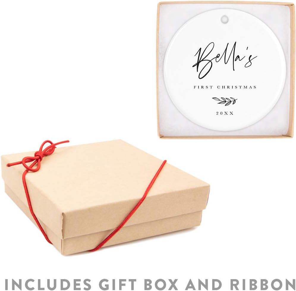 Andaz Press Personalized Baby 1st Christmas Round Ceramic Porcelain Christmas Tree Ornament Engagement Keepsake Collectible Gift, Olivia's First Christmas 2025, Antique Handdrawn, 1-Pack