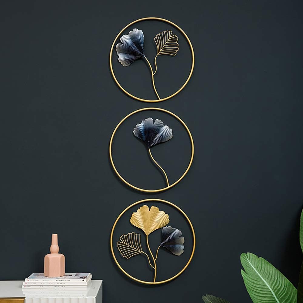 MKUN Iron Wall Sculptures - Set of 3 Metal Round Wall Decor with Gingko Biloba Art Great for Home Hotel Decoration(Gold&Gray)