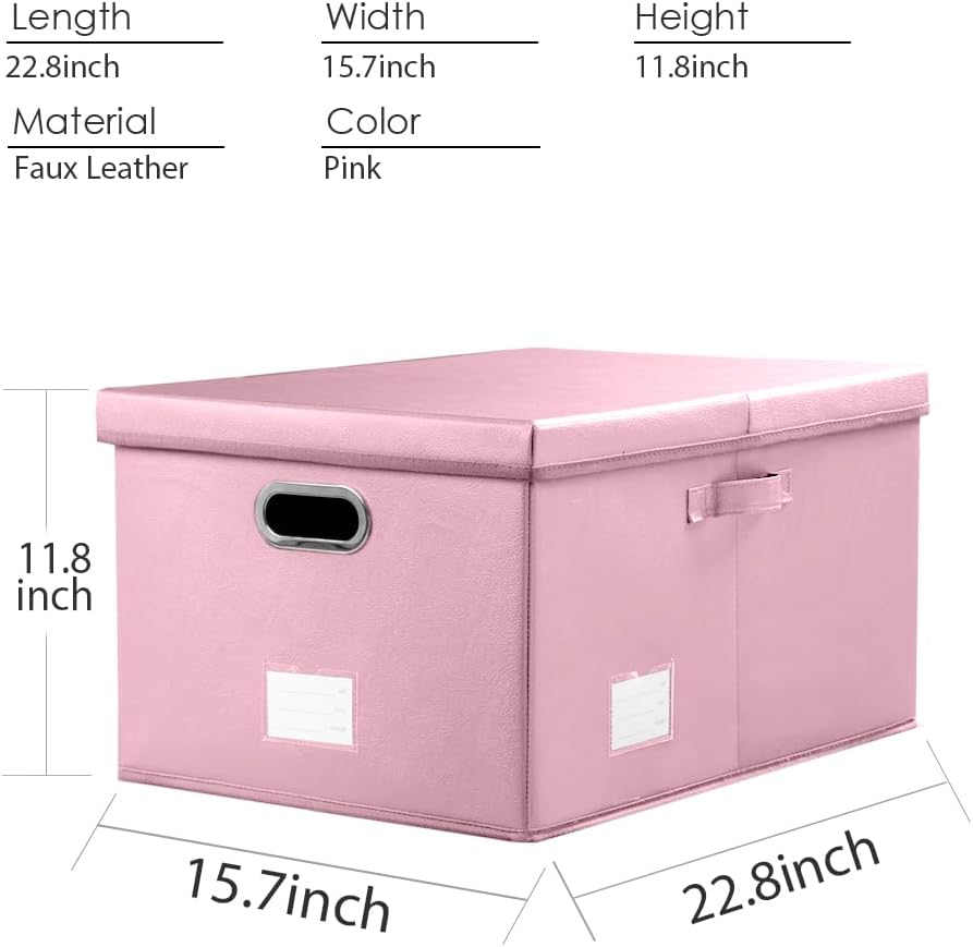 PRANDOM Collapsible Storage Box with Lid [1-Pack] Leather Fabric Foldable Storage Bin Organizer Container Basket Cube with Cover for Home Bedroom Closet Office Nursery Pink (22.8X15.7X11.8)