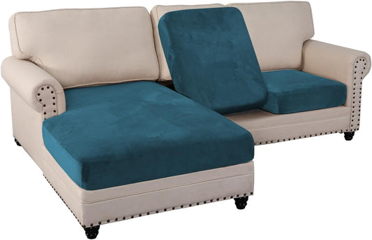 PrinceDeco Sectional Couch Covers 3 Pieces Velvet Sofa Covers L Shape Soft Couch Covers for Sectional Sofa Corner Sofa Cover Couch Cover for Dogs Washable (2 Seater + 1 Chaise,Deep Teal)