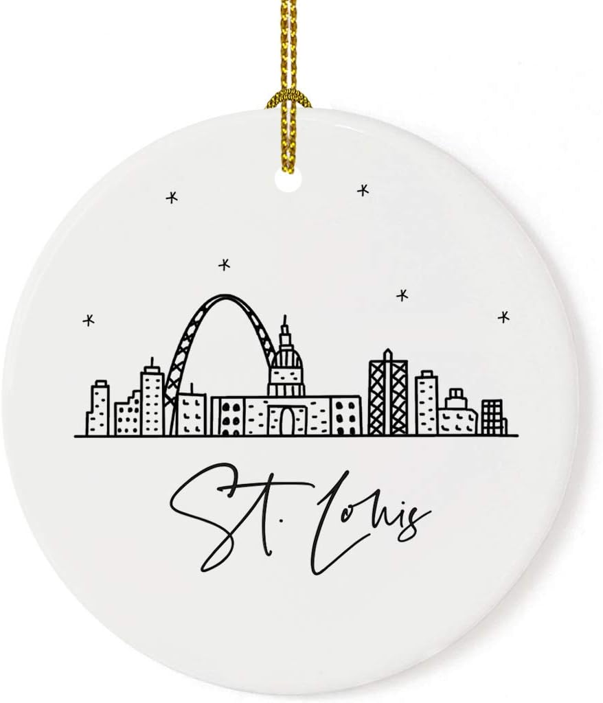 Andaz Press Round Ceramic Porcelain Christmas Tree Ornament, St. Louis, Black and White Stars City Skyline, 1-Pack, Birthday Ideas Coworker, Includes Box St Louis Ornament St Louis Christmas Ornament