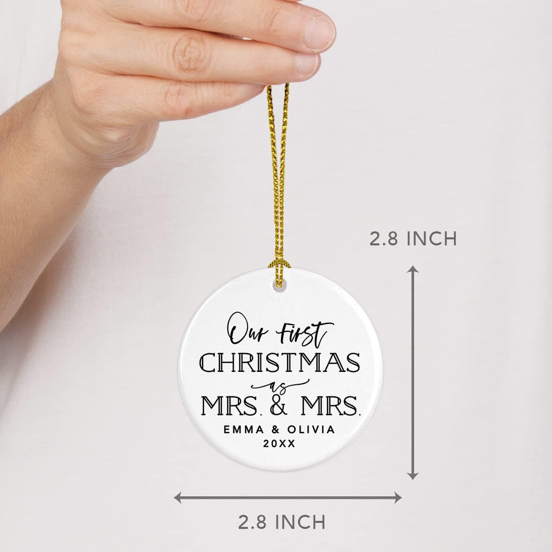 Andaz Press Personalized Our First Christmas As Mrs. & Mrs. 2025 Christmas Ornament Modern Black and White 2.8" Round Porcelain Ceramic Lesbian Married Couple Gay Women Newlyweds Keepsake 1-Pack
