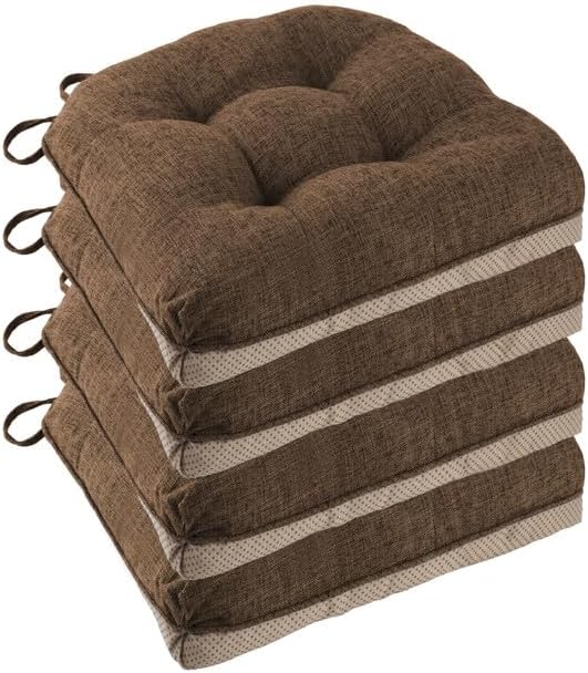 Non Slip Chair Cushions for Dining Chairs Set of 4 Kitchen Chair Cushions 18"x18"x3" Turfted Chair Pads Comfortable and Soft Seat Cushion with Ties, Coffee