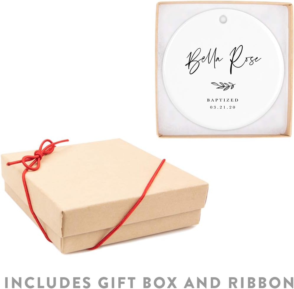 Andaz Press Personalized Round Ceramic Porcelain Christmas Tree Ornament Engagement Collectible Gift for Baby, Ava Marie Carter Baptized 03.21.20, Antique Handdrawn, 1-Pack