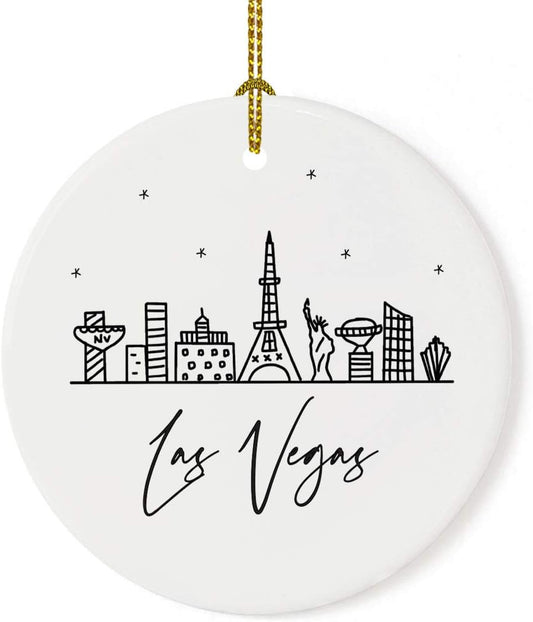 Andaz Press Round Ceramic Porcelain Christmas Tree Ornament Keepsake, Las Vegas Black and White Stars City Skyline Graphic, 1-Pack, Birthday Gift Idea for Family, Coworker, Him, Her, Includes Gift Box