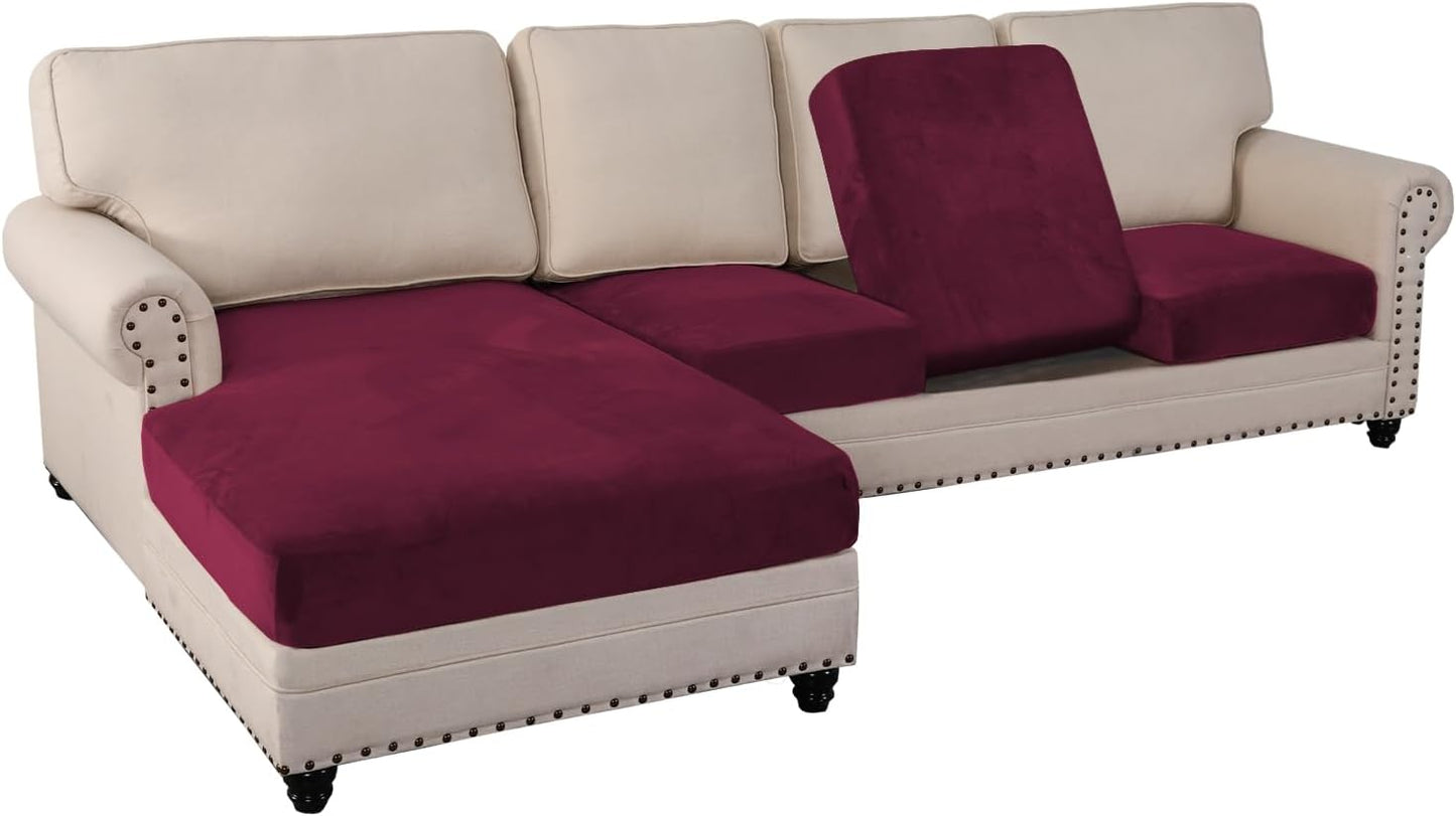 PrinceDeco Velvet Couch Covers - 4 Piece Set for Sectional Sofa (3 Seater + 1 Chaise, Burgundy)