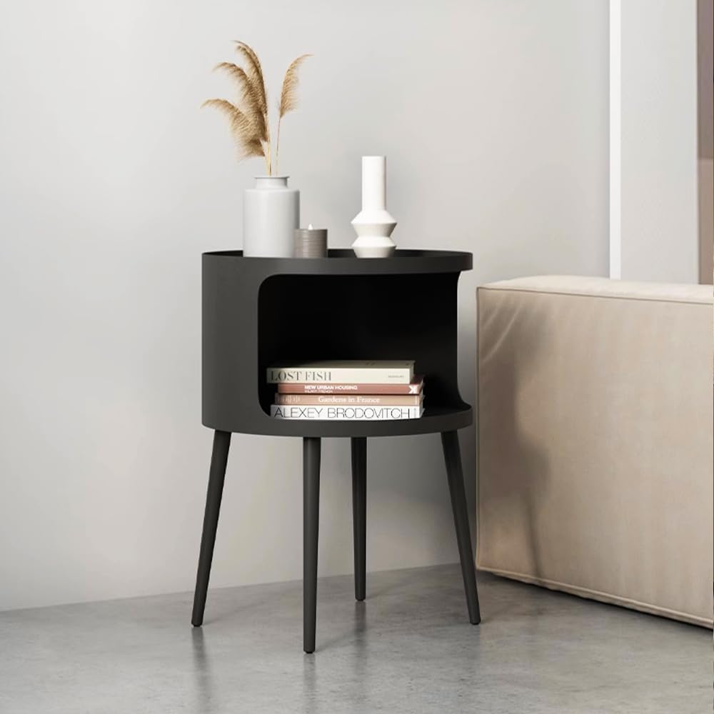 Modern Side Table,Round end Table with Open Storage,Metal nightstand,Bedside Table for Living Room,Bedroom