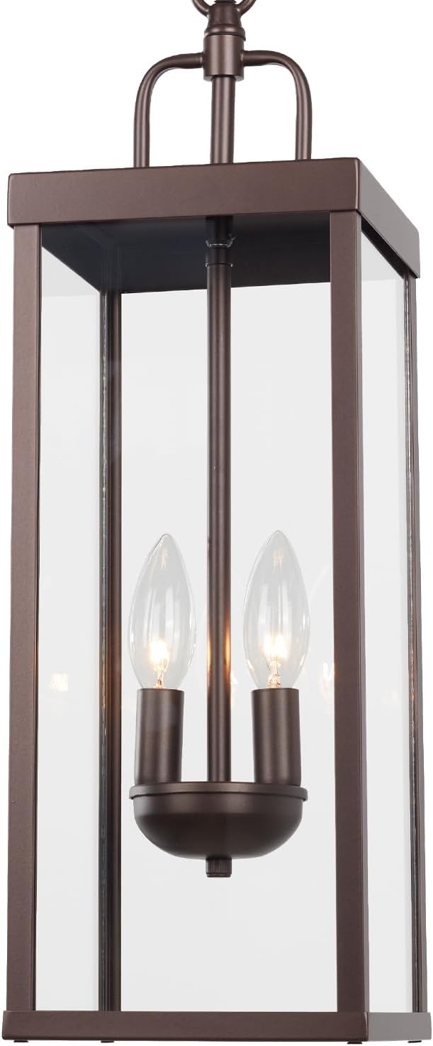 Large Outdoor Pendant Lantern Light Fixture for Front Porch, 20 Inch 2-Light Bronze Exterior Hanging Chandelier with Clear Glass, Outdoor Indoor Pendant Lamp for Patio, Gazebo, RZ008M-H ORB