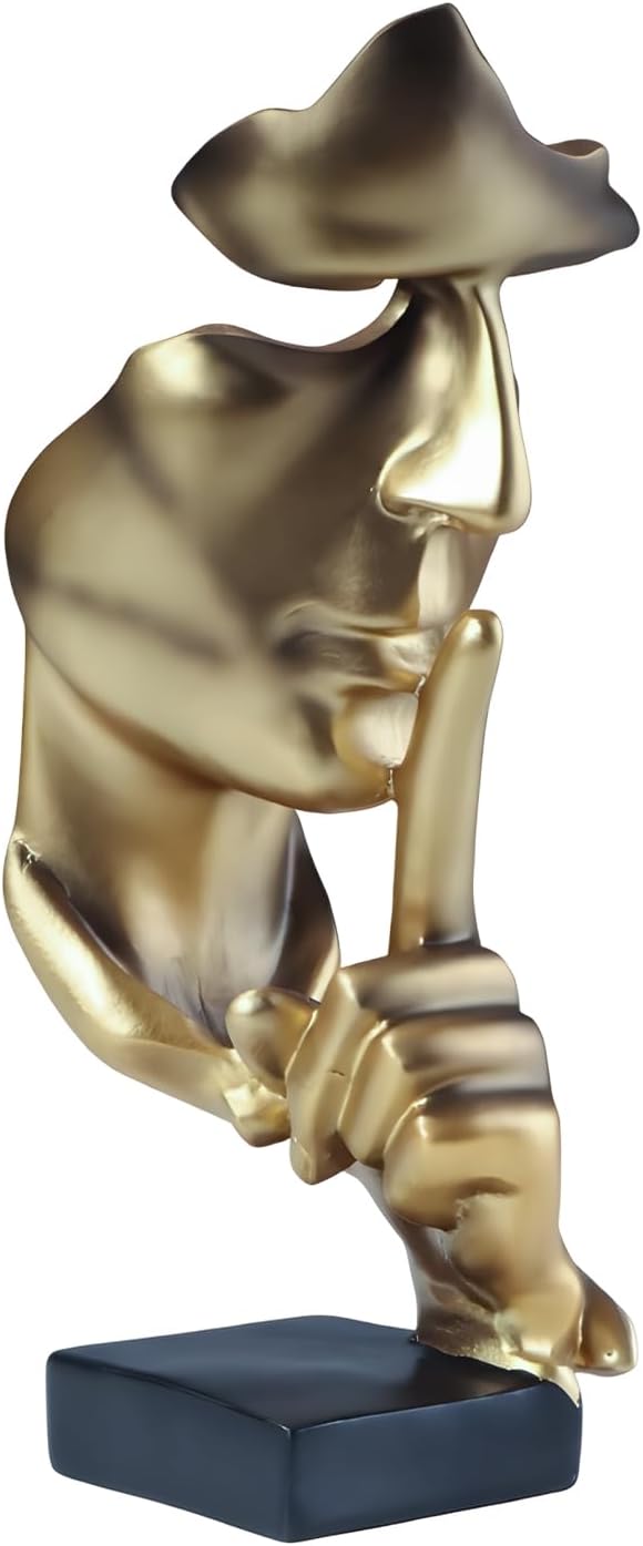 aboxoo Thinker Statue, Silence is Gold Abstract Art Figurine, Modern Home Resin Sculptures Decorative Objects Shelf Decor,Tabletop for Home Decor,Man Office Study Desk Statue (Large Gold)