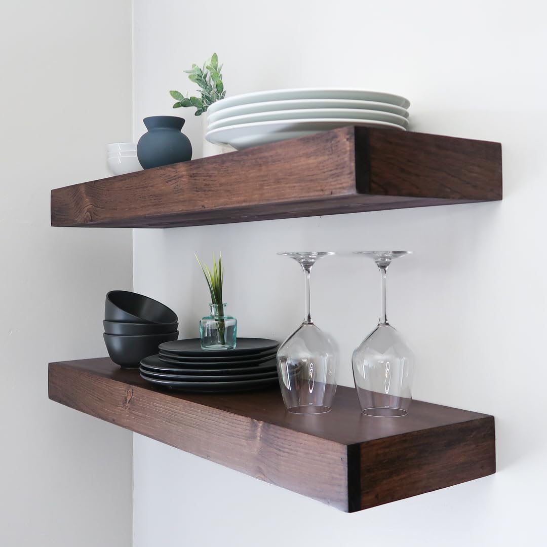 Modern Floating Shelves 3 Inches Thick for Wall, Wide Shelves for Kitchen, Living Room, Bedroom, and Bathroom, Natural Pine Wood, Rustic Wooden Shelf, (Set of 2) (Provincial, 36Lx3Hx6D)