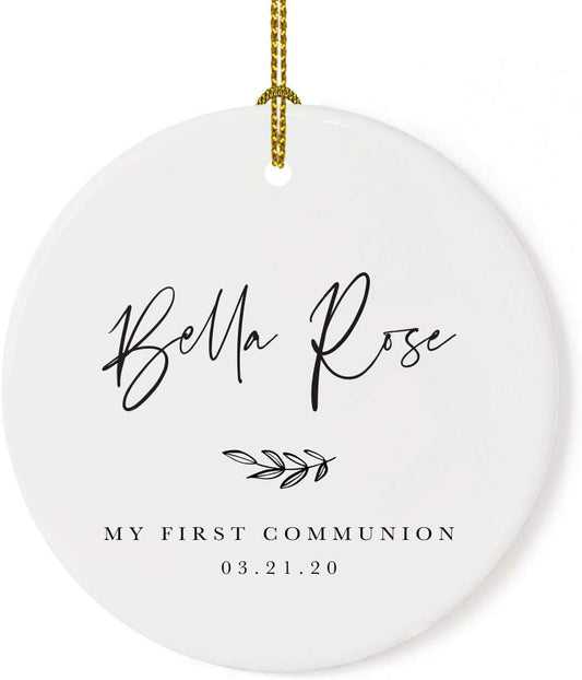 Andaz Press Personalized Round Ceramic Porcelain Christmas Tree Ornament Engagement Collectible Gift for Baby, Ava Marie Carter My First Communion 03.21.20, Antique Handdrawn, 1-Pack