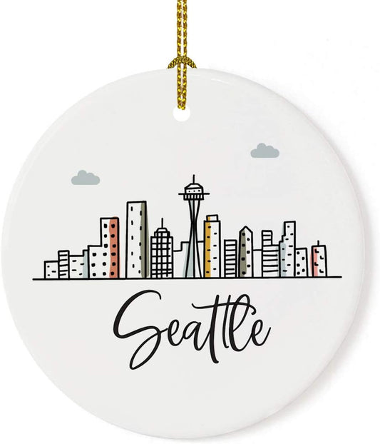 Andaz Press Round Ceramic Porcelain Christmas Tree Ornament Keepsake, Seattle Colorful City Skyline, 1-Pack, Birthday Ideas for Family Coworker, Gift Box Included