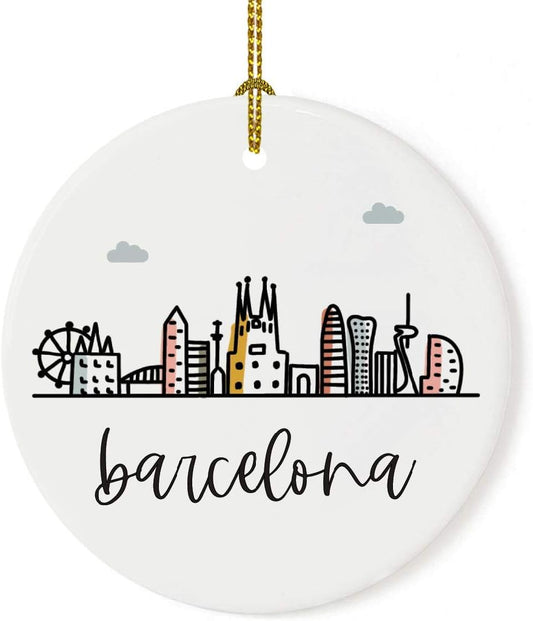 Andaz Press Round Ceramic Porcelain Christmas Tree Ornament Keepsake Gift, Barcelona, Colorful International City Skyline Graphic 1-Pack Birthday Family Coworker, Gift Box Barcelona Christmas Ornament