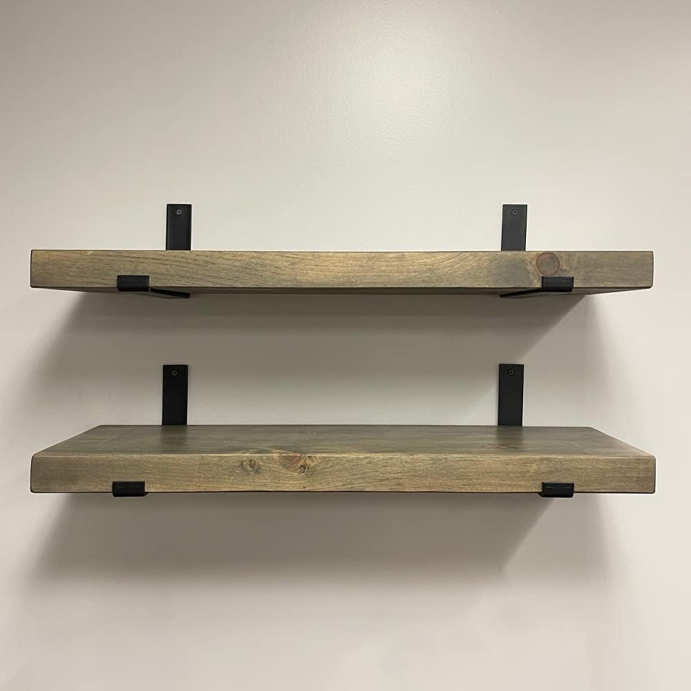 Rustic Shelves with J-Brackets Set of 2, Industrial Shelf, Kitchen Shelves, Solid Wood, Decorative Wall Storage, Heavy Duty, URBANDI (Grey, 48Wx12D)